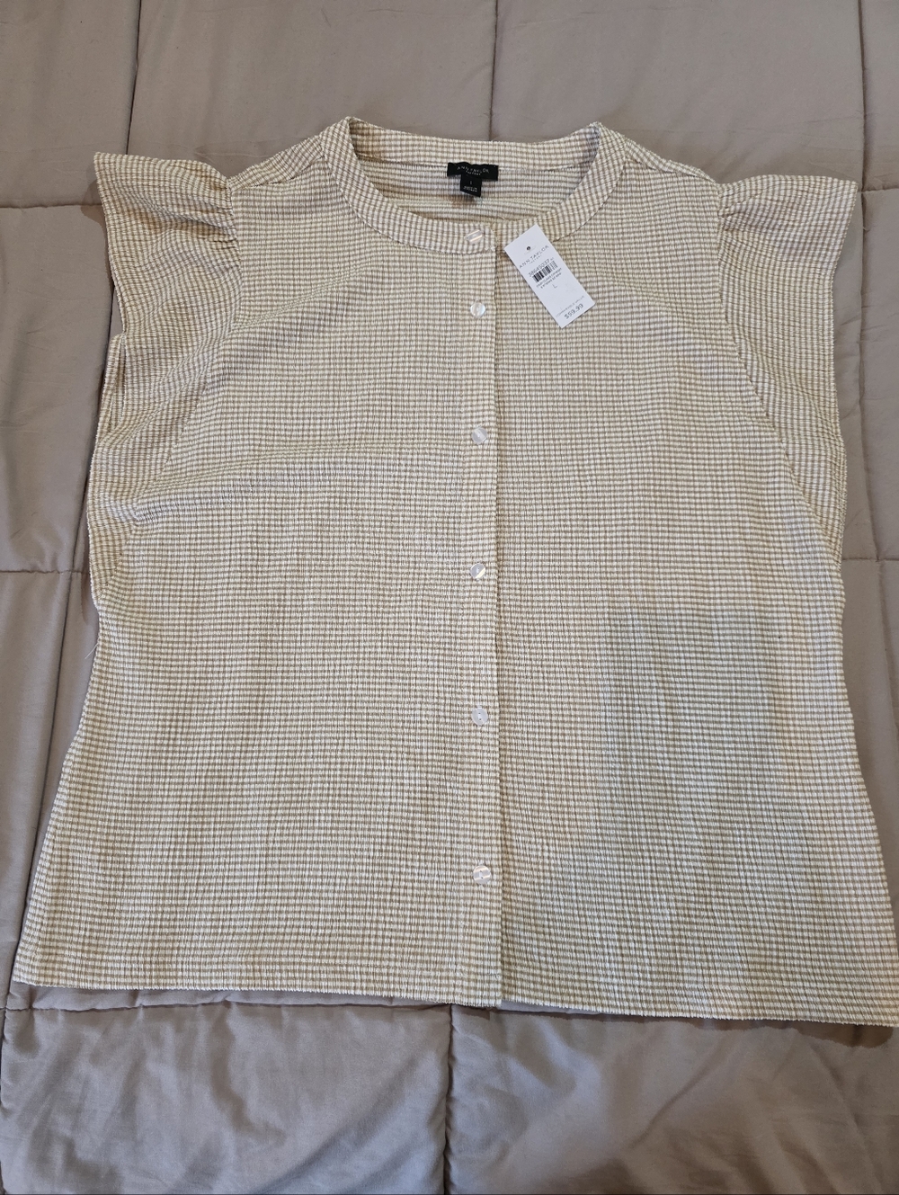 Ann Tylor Factory Madewell Cream Check Button-Front Flutter Sleeve Top